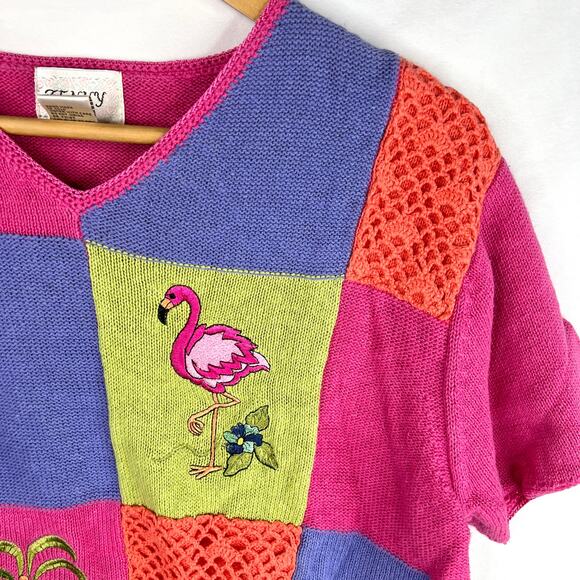 Vintage Jenny Tropical Embroidered Short Sleeve Sweater LG - Picture 5 of 8